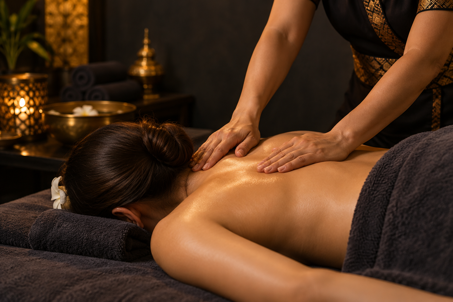 Illustrative shoulder massage in a warm, relaxing setting