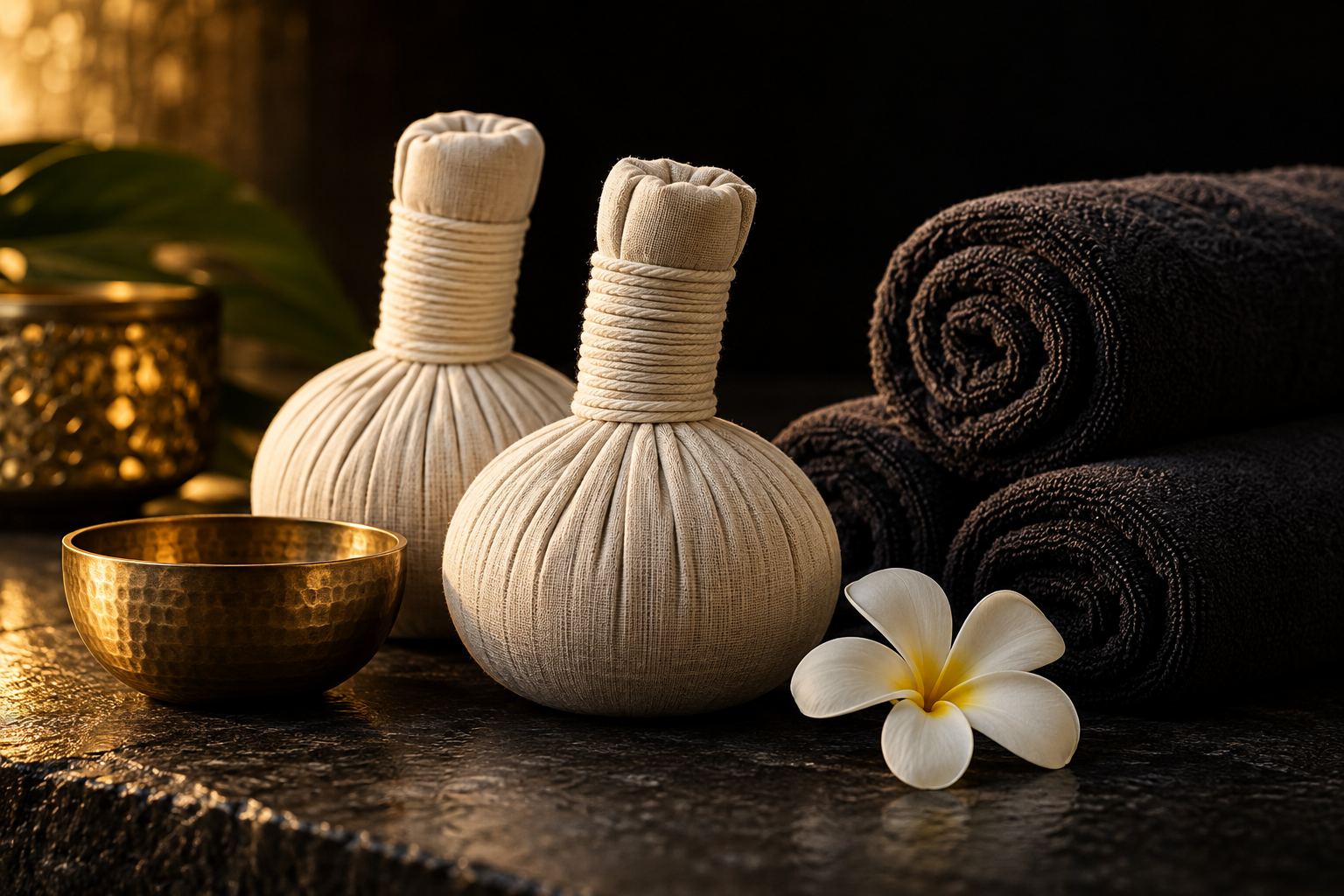 Thai wellness still life with herbal compresses and folded towels